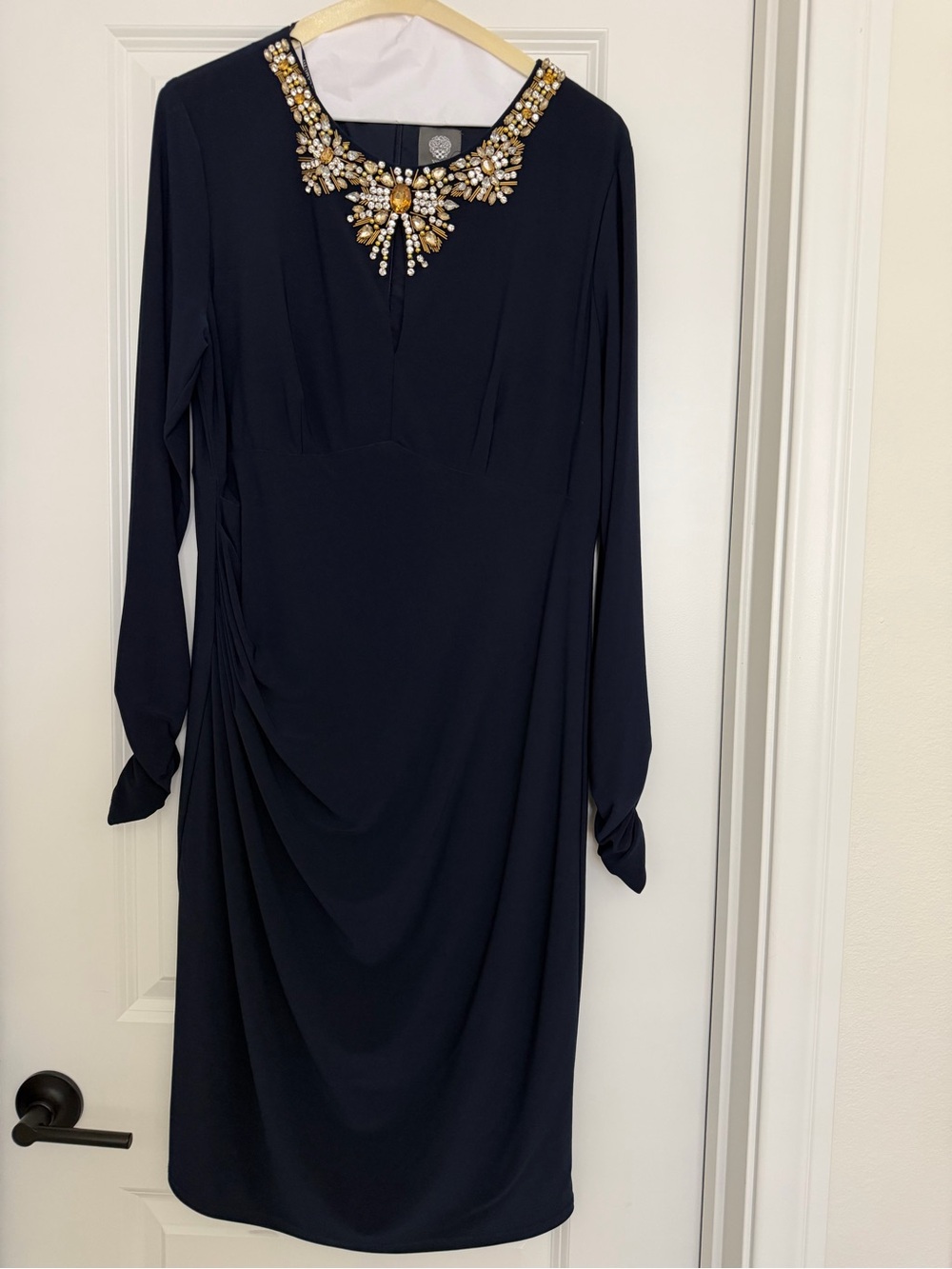 Vince Camuto Navy Long-Sleeve Jewel Neck Dress